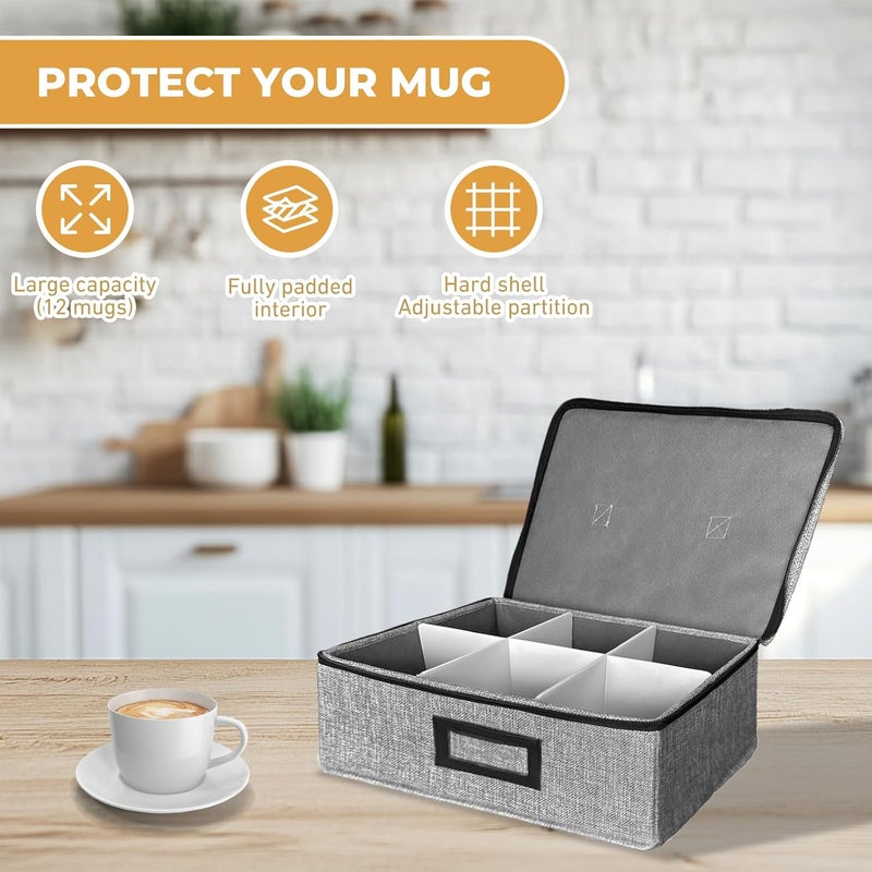 HURZMORO Cup and Mug Storage Box with Dividers – Stackable Hard Shell Organizer with Zipper Lid and Handles, Holds 6 Coffee Mugs or Tea Cups, Ideal for Moving and Packing(Grey) - Image 4